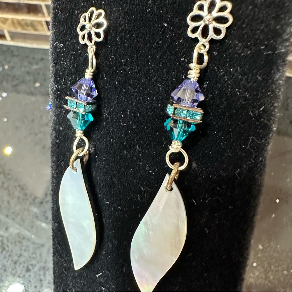 Turquoise and purple Swarovski stud earrings with shell dangle